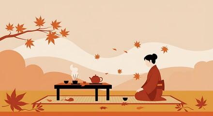 Traditional Japanese tea ceremony with woman in kimono, autumn leaves and warm colors. Flat design illustration of cultural ritual and serene atmos...