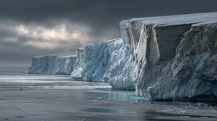 A vast Antarctic glacier with a massive, geometric blue void in the ice, under a troubled, melancholic sky.