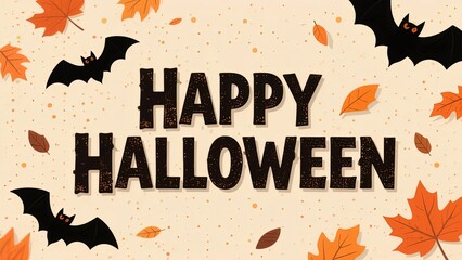 Happy Halloween greeting card with bats and autumn leaves on a beige background