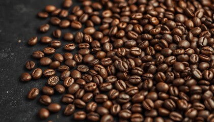 Naklejka premium Rich brown coffee beans scattered on dark surface, close-up, organic, aroma