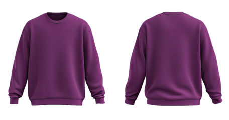 Front and back view of a deep purple crewneck sweatshirt
