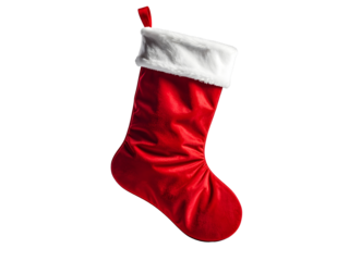 A festive red Christmas stocking with white fur trim, hanging against a white background.