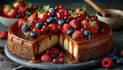 Decadent cheesecake topped with a caramel glaze and a medley of fresh berries