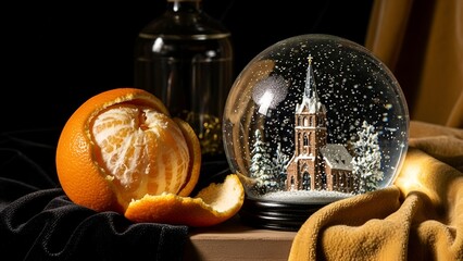 Obraz premium Still life featuring a peeled orange, a glass jar, a snow globe with a church inside, and draped fabrics, creating a warm, wintery scene.