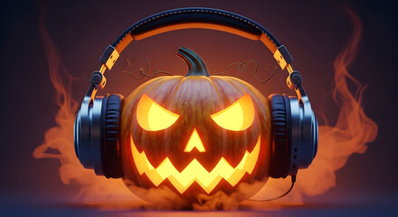 Groovy Halloween Jack-o'-Lantern with Headphones - Spooky Pumpkin Listening to Music with Eerie Glow and Smoke