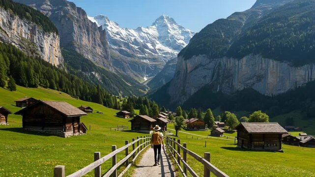 A hiker walks down a path towards a swiss village in the alps