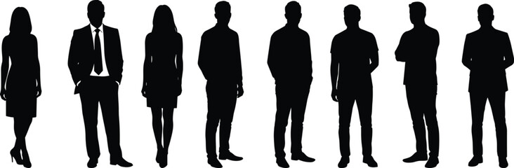 Silhouette group of diverse business professionals standing together, teamwork, leadership, office colleagues, cooperation, unity, partnership, corporate success, career growth