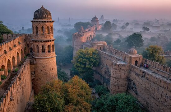 Ancient fort walls in misty sunrise - Powered by Adobe