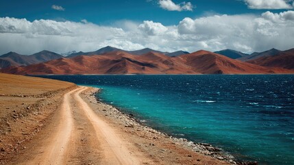 Dusty road leading to a turquoise lake, mountains in the background