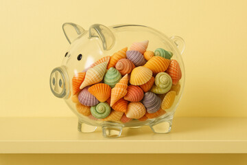 Colorful seashells fill transparent piggy bank, creating playful and vibrant display against soft yellow background. This charming composition adds whimsical touch to any decor