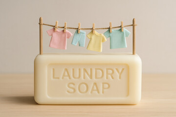 Soap bar with words LAUNDRY SOAP displayed prominently, featuring clothesline with miniature pastel colored shirts hanging from it. This charming composition evokes sense of cleanliness