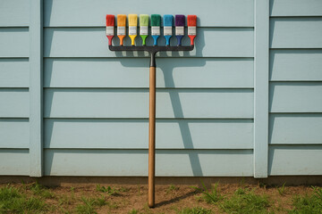 Colorful paintbrushes arranged on rake against light blue wooden wall create unique and artistic transformation. This creative composition showcases vibrant colors and innovative design