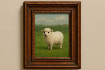 Charming framed artwork featuring fluffy sheep standing in lush green field, evoking sense of tranquility and warmth. soft colors and gentle expression create delightful atmosphere