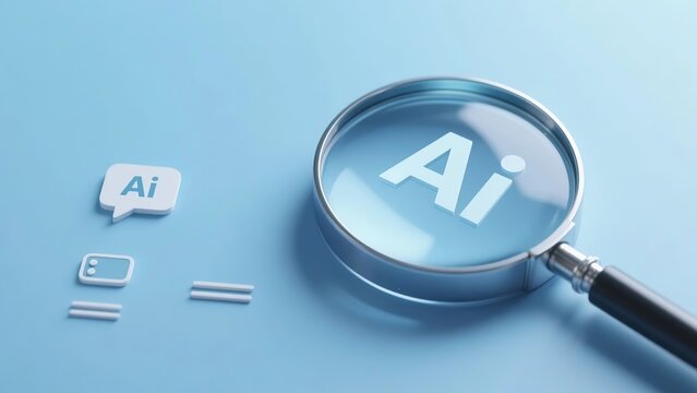 Magnifying glass focusing on AI text with digital icons on blue background