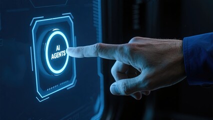 A hand interacts with a futuristic touchscreen interface displaying 'AI AGENTS' in a high-tech environment.