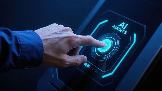 Hand interacting with a futuristic AI agents interface on a digital screen - Powered by Adobe