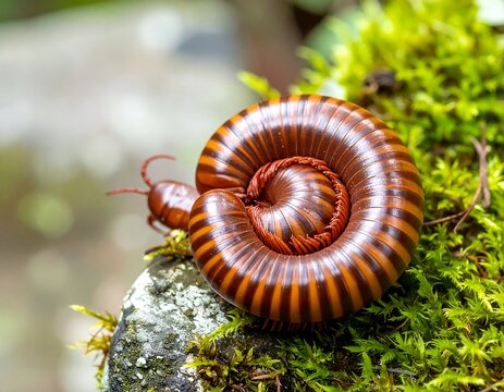 A brown and orange millipede curled on green moss