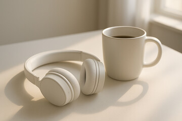 Minimalist desk setup featuring white headphones and coffee cup, bathed in soft natural light, creates serene and inviting atmosphere for relaxation or productivity
