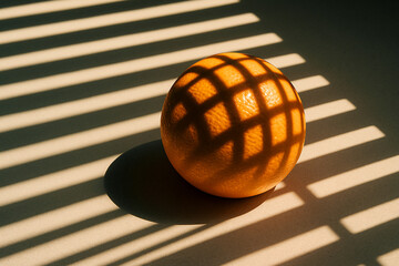 Vibrant orange sphere casts intricate striped shadows on light surface, creating striking visual contrast. interplay of light and shadow adds depth and interest to composition