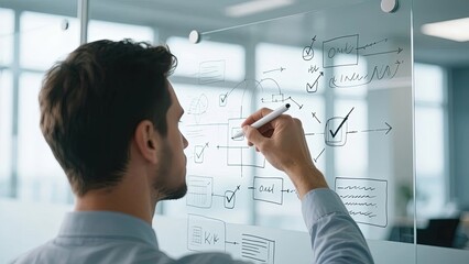 Man writing on a glass whiteboard with diagrams and flowcharts in an office setting