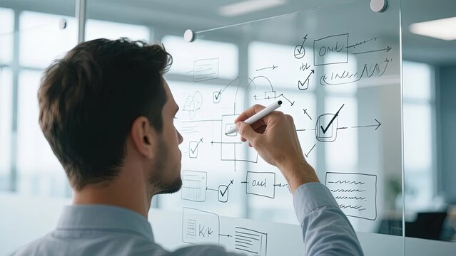 Man writing on a glass whiteboard with diagrams and flowcharts in an office setting