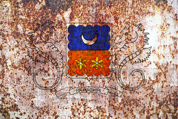 Distressed image showcasing the Mayotte coat of arms with outlined seahorses against a rusted metal background, displaying a unique blend of cultural symbolism and weathered texture