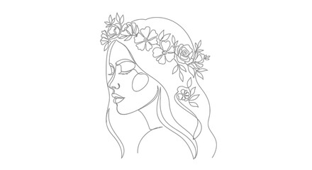 Elegant line art portrait of a woman with flower crown for minimalist design theme