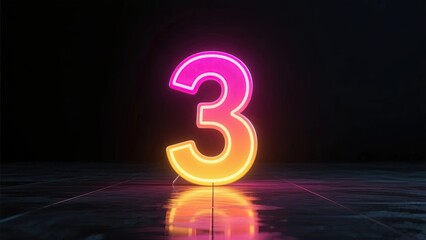 Neon number three glowing with pink and yellow hues on a reflective surface in a dark environment