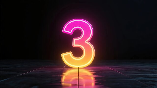 Neon number three glowing with pink and yellow hues on a reflective surface in a dark environment - Powered by Adobe