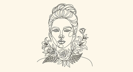 Elegant floral woman portrait illustration in black outline style showing beauty and femininity