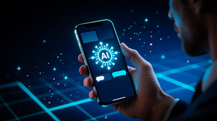 A business professional utilizing mobile AI for digital meetings and intelligent networking.