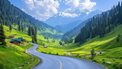 Fototapeta premium Winding road through lush valley, mountains