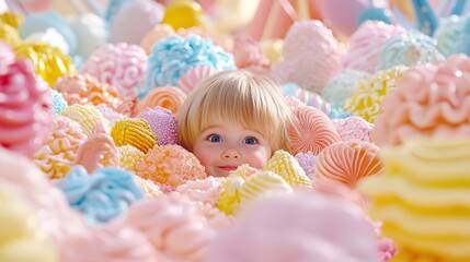 A child peeking out from colorful ride decorations, eyes sparkling with anticipation and joy, surrounded by a vibrant carnival atmosphere, suggesting an unforgettable and thrilling experience.