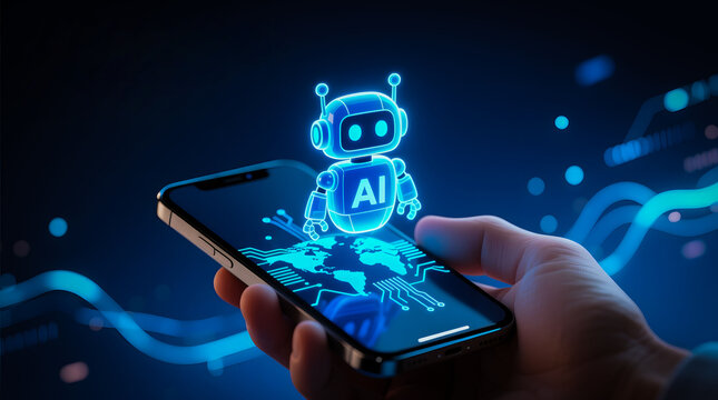 A hand holds a mobile phone displaying a glowing AI bot hologram and a digital world map, symbolizing Artificial Intelligence's global reach and its application in international business on the intern