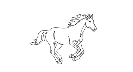 Elegant black and white line art illustration of a galloping horse on white background