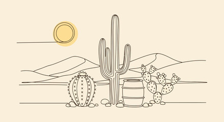 Minimalist desert landscape with cacti, dunes, and a sun in a line art style illustration © Anisah