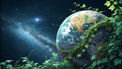 Earth globe surrounded by lush greenery against cosmic backdrop