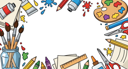 Cartoon illustration featuring art supplies arranged around a blank white space ideal for school