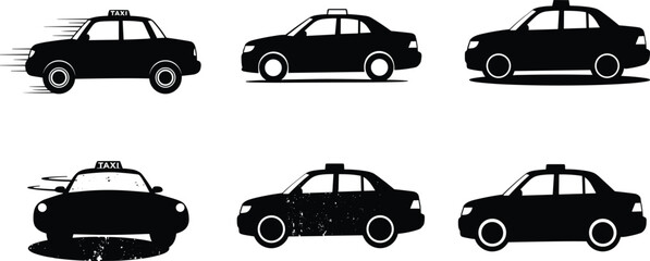 Taxi cab vector silhouette illustration, city transport design, urban travel vehicle, black taxi icon, public transportation graphic, taxi service art