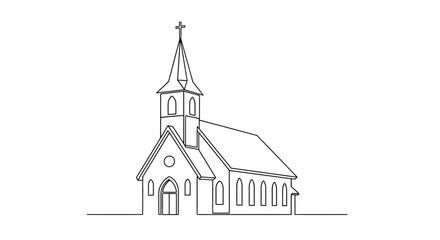 Minimalist church outline drawing with steeple and cross for faith symbolism illustration