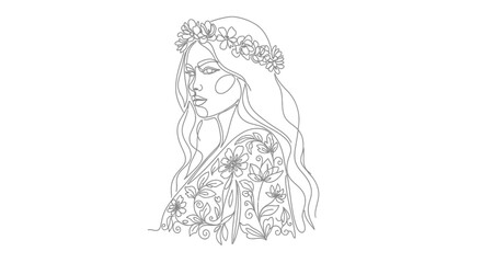 Elegant line art illustration of a woman with floral crown and dress design