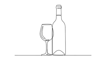 Elegant minimalistic line art illustration of a wine bottle and glass depiction style drawing