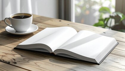 Fototapeta premium A tranquil morning moment with a blank open book and fresh coffee, bathed in warm sunlight from a window
