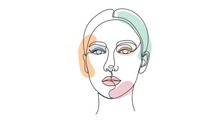 Elegant portrait of a woman in continuous line art with pastel color accents minimalist drawing