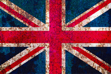 Fototapeta premium A textured depiction of the Union Jack, the flag of the United Kingdom, presents a weathered and aged aesthetic, evoking a sense of history and resilience, using vibrant hues of red,
