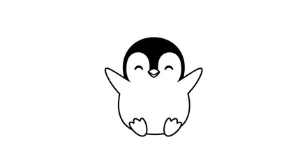 Adorable happy penguin cartoon illustration with simple black and white lines, perfect for