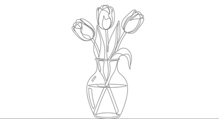 Elegant tulip bouquet in a glass vase continuous line drawing concept art illustration