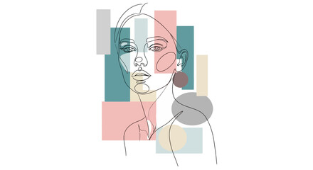 Elegant single line drawing of a woman's face with geometric color blocks creating a modern