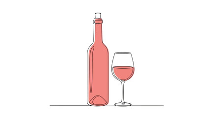Minimalist rose wine bottle and glass illustration isolated on white background artistic line