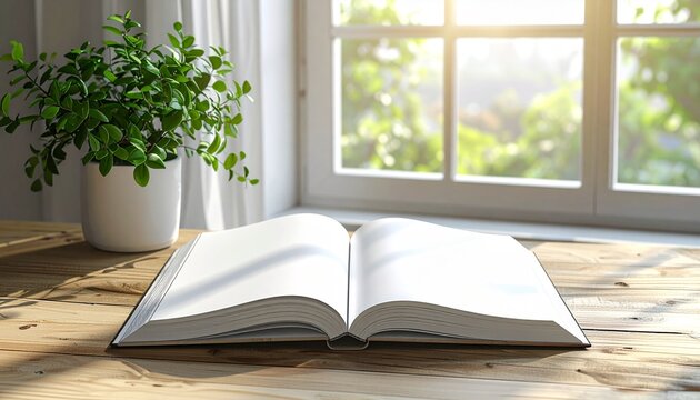 Open book and a cup of coffee on a wooden table bathed in warm sunlight, creating a serene and inviting atmosphere for reading and relaxation